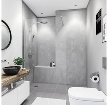 Modernes Badezimmer mit Dusche, Waschtisch mit Aufsatzwaschbecken und Toilette.