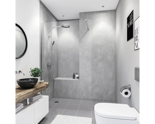 Duschrückwand BREUER Soft-Touch Dekor Beton-Optik grau 100 x 255 cm Modernes Badezimmer mit Dusche, Waschtisch mit Aufsatzwaschbecken und Toilette.