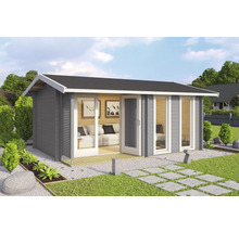 Modernes Gartenhaus mit grauer Holzfassade, schwarzem Dach und doppelten Glastüren