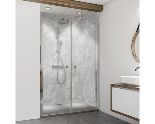 Duschrückwand BREUER Marmor Grau-Weiß 255 x 150 cm 9482546000204 Duschkabine mit Duscharmatur in modernem Badezimmer