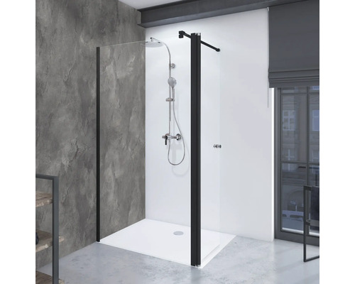 Duschrückwand BREUER Schiefer grau 255 x 100 cm 9482548000203 Modernes Badezimmer mit ebenerdiger Dusche, Duscharmatur und schwarzem Rahmen