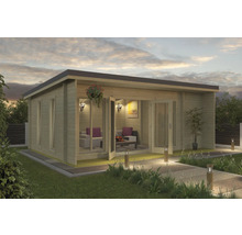 Modernes Gartenhaus mit offenstehenden Doppeltüren und Außenbeleuchtung in einem Garten