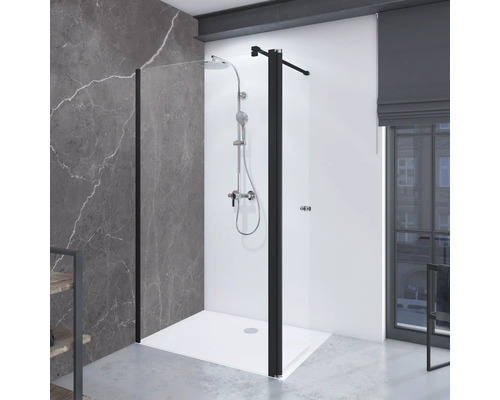 Duschrückwand BREUER Marmor anthrazit 210 x 100 cm 9482556000202 Modernes Badezimmer mit Duschabtrennung mit schwarzem Rahmen und Duscharmatur