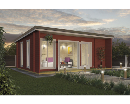 Gartenhaus Outdoor Life Japan inkl. Fußboden, Terrasse 648 x 470 cm schwedenrot Modernes Gartenhaus mit Fenstern und Doppeltür in einem gepflegten Garten.