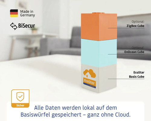 EcoStar Basis Cube mit optionalen ZigBee und EnOcean Cubes. Made in Germany. BiSecur. Lokale Datenspeicherung.