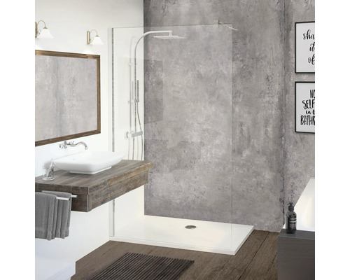 Duschrückwand BREUER Beton Rustik 255 x 100 cm 9482557000203 Modernes Badezimmer mit begehbarer Dusche, Waschtisch und Spiegel