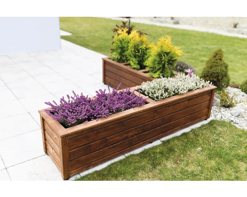 Zwei bepflanzte, rechteckige Holzblumenkästen im Garten.