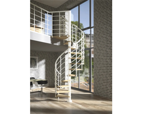 Pertura Spindeltreppe Koralia Eiche Leimholz Ø 160 cm Weiß 14 Stufen 15 Steigungen Wendeltreppe mit Holzstufen in hellem Raum