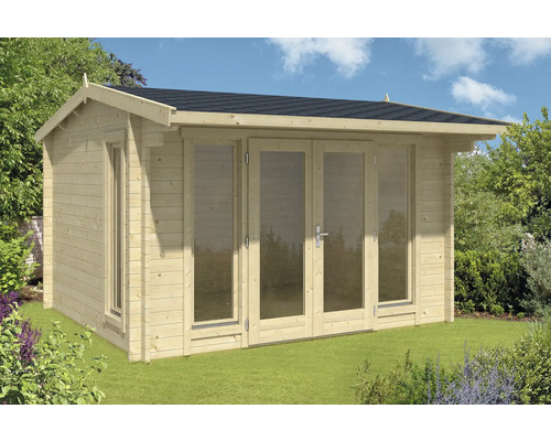 Holzgartenhaus mit Fenstern und Doppeltür