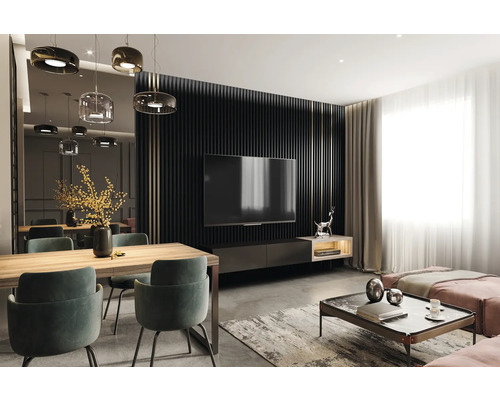 Modernes Wohnzimmer mit Esstisch, Fernseher und Sofa.