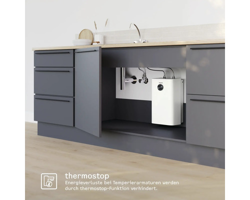 Untertischgerät in einer grauen Küchenzeile unter einem Spülbecken.