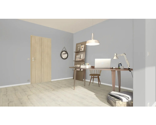 Modernes Arbeitszimmer mit Schreibtisch, Stuhl, Regalen und Tür