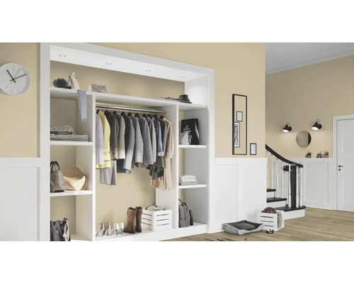 Begehbarer Kleiderschrank mit Regalen und Kleiderstange in einem hellen Flur