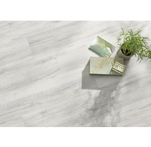 Heller Vinylboden mit Holzoptik, kombiniert mit einer Zimmerpflanze und Dekorationsartikeln