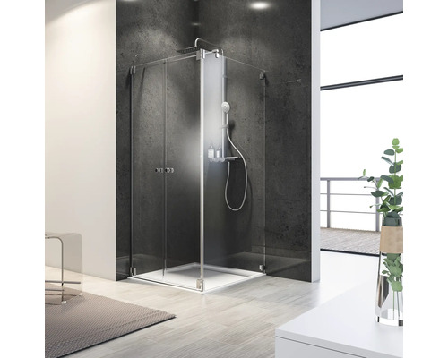 Duschtür mit Seitenwand mit SCHULTE Davita 90 x 90 cm Profil - Klarglas Schmutzabweisende Glasbeschichtung Türanschlag links Seitenwandanschlag rechts Puffergriff Moderne Eckdusche mit Glaswänden und Duschwanne in einem hellen Badezimmer.