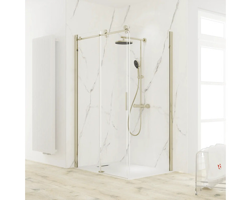 Duschtür mit Seitenwand mit Gleittür/Schiebetür SCHULTE MasterClass 120 x 90 cm Profil gold Klarglas Türanschlag links Seitenwandanschlag rechts