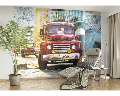 Fototapete mit rotem Oldtimer-Truck im Vintage-Stil
