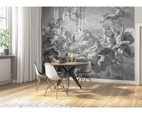 Esszimmer mit Esstisch, Stühlen und Fototapete mit historischem Motiv