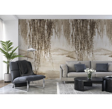 Wohnzimmer mit Sofa, Sessel und Fototapete mit Wasserlandschaft