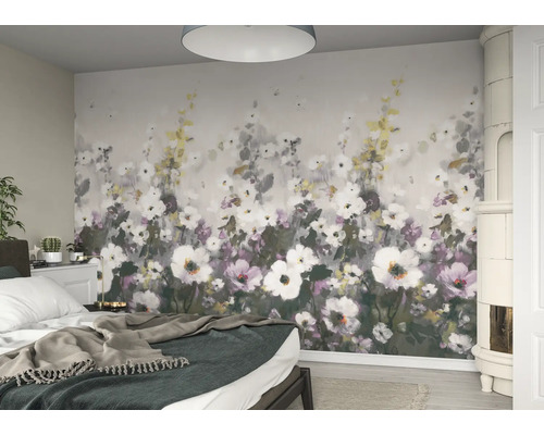 Schlafzimmer mit Fototapete mit Blumenmuster