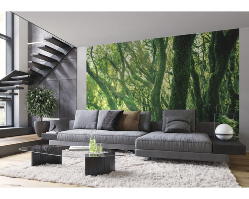 Modernes Wohnzimmer mit Fototapete mit Waldmotiv, Couch, Tisch und Treppe.