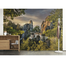 Szene mit Schrank, Garderobenständer und Fototapete mit Brückenmotiv