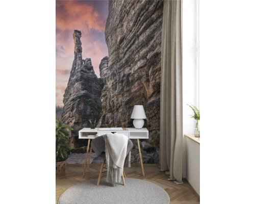 Szene mit einem Schreibtisch vor einer Fototapete mit Felsformationen.