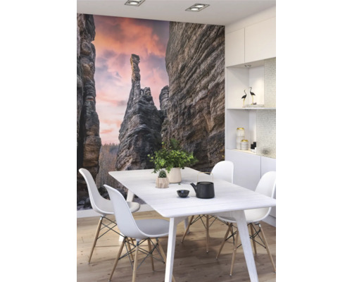 Esszimmer mit Fototapete einer Felsformation