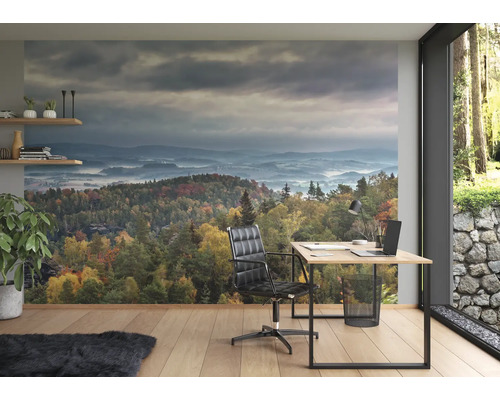 Modernes Büro mit Fototapete, Schreibtisch und Bürostuhl