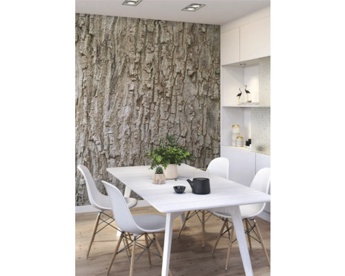 Esszimmer mit Baumrinde-Fototapete, Esstisch und Stühlen