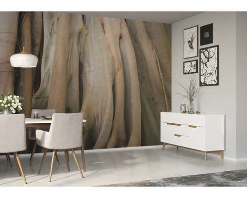 Esszimmer mit Esstisch, Stühlen, Kommode und Fototapete mit Baumwurzelmotiv
