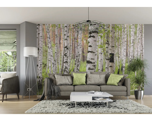 Wohnzimmer mit Birkenwald-Tapete, Sofa, Lampe und Teppich für ein naturnahes Ambiente