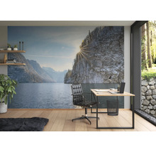 Fototapete mit Bergsee-Motiv in einem modern eingerichteten Arbeitszimmer