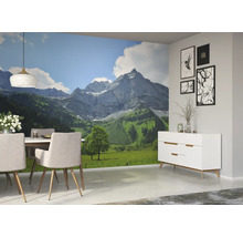 Esszimmer mit Fototapete Berglandschaft, Esstisch, Stühlen und Sideboard