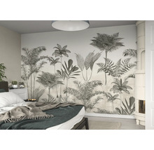 Schlafzimmer mit Wandbild mit tropischen Pflanzenmotiven
