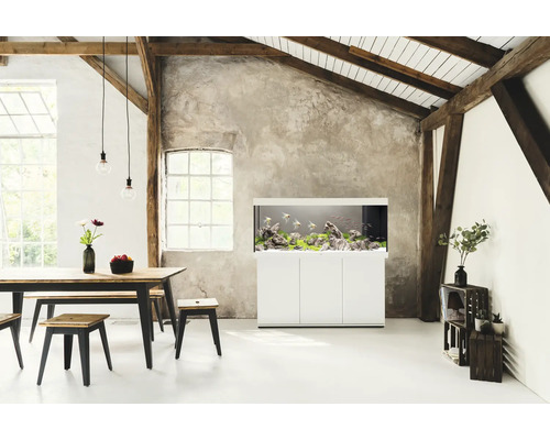 Wohnraum mit Aquarium auf Unterschrank, Esstisch und Holzelementen