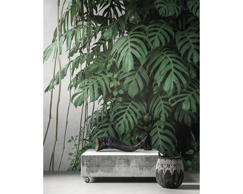 Fototapete mit Pflanzenmuster, Dekoration auf Podest und Korb