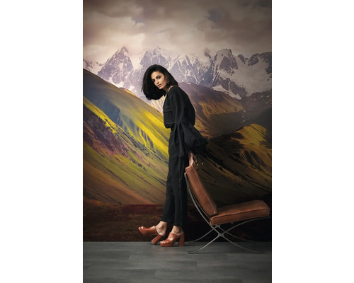 Dekorative Bergtapete mit einer Frau, die an einem Barcelona-Stuhl lehnt