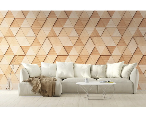 Wohnzimmer mit Sofa und dreieckiger Wandpaneel