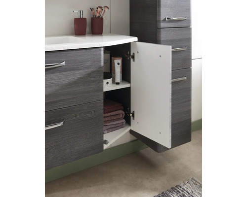 Badezimmerunterschrank mit geöffneter Tür, Ablageflächen und Schubladen für Stauraum