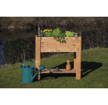 Hochbeet aus Holz mit Blumen, Kräutern und Gartengeräten