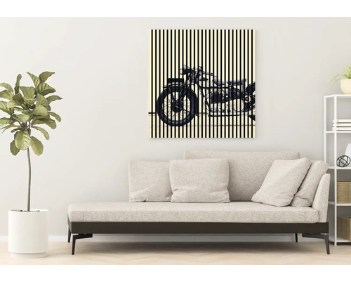 Wohnzimmer mit Sofa und einem Bild von einem Motorrad mit vertikalen Streifen