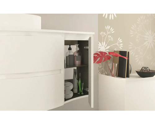 Weißer Waschtisch mit offenem Schrankfach zur Badezimmeraufbewahrung