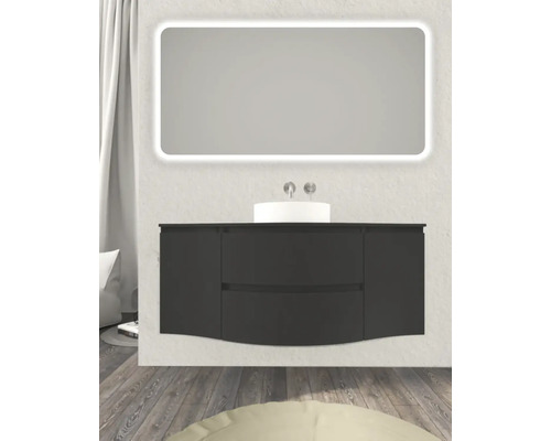 Badezimmer mit Waschtischunterschrank, Aufsatzwaschbecken, beleuchtetem Spiegel und Armaturen