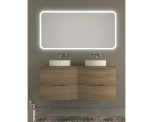 Badezimmer mit Doppelwaschtisch, zwei Aufsatzwaschbecken, beleuchtetem Spiegel und Holzunterschrank