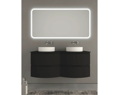 Badezimmer mit schwarzem Waschtischunterschrank, zwei Aufsatzwaschbecken und beleuchtetem Spiegel