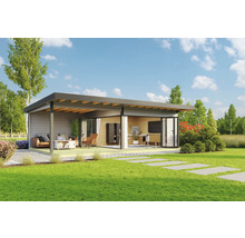 Modernes Gartenhaus mit Büro und Wohnbereich auf einer gepflegten Rasenfläche