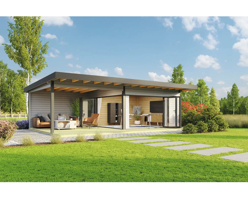 Gartenhaus Outdoor Life Domeo 10 inkl. Fußboden, Terrasse 890 x 590 cm lichtgrau Modernes Gartenhaus mit Büro und Wohnbereich auf einer gepflegten Rasenfläche