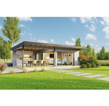 Modernes Gartenhaus mit Terrasse, Essbereich und Wohnbereich im Freien.