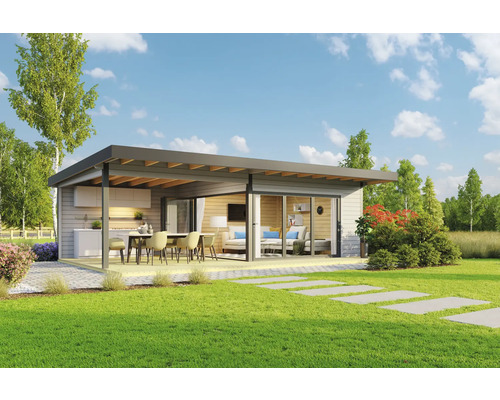 Modernes Gartenhaus mit Terrasse, Essbereich und Wohnbereich im Freien.
